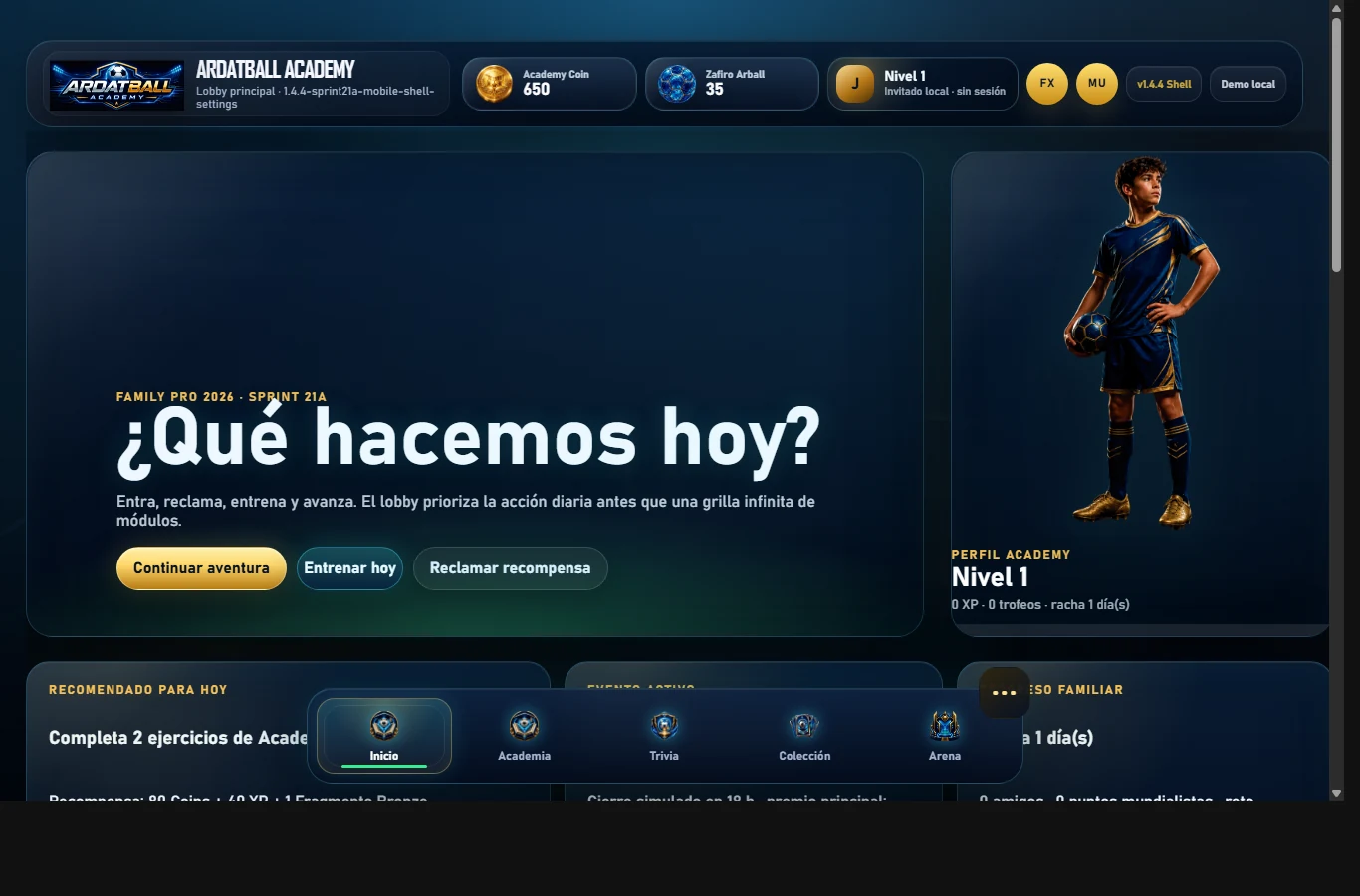 Pantalla de inicio actual de ARDATBALL Academy